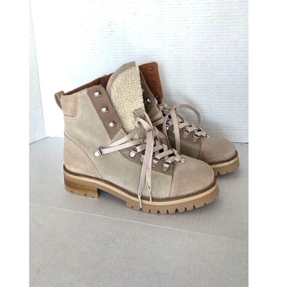 AllSaints Franka Shearling Suede Hiker Boots Stone Sz US 8 / EU 39 NEW